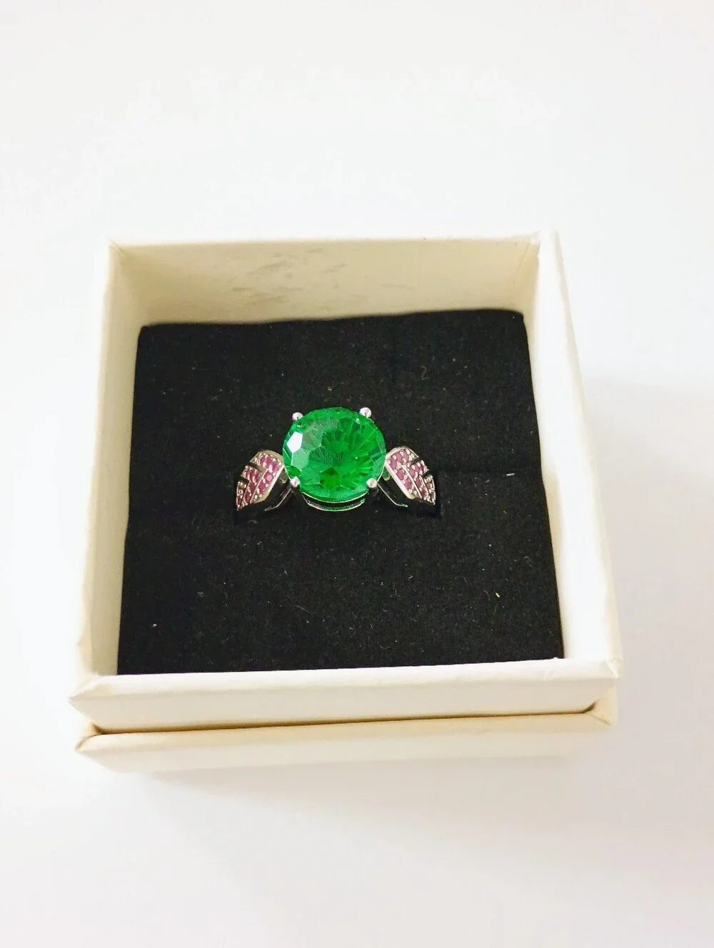 New Green Rose Cut Solitaire Ring with Pink Accents -